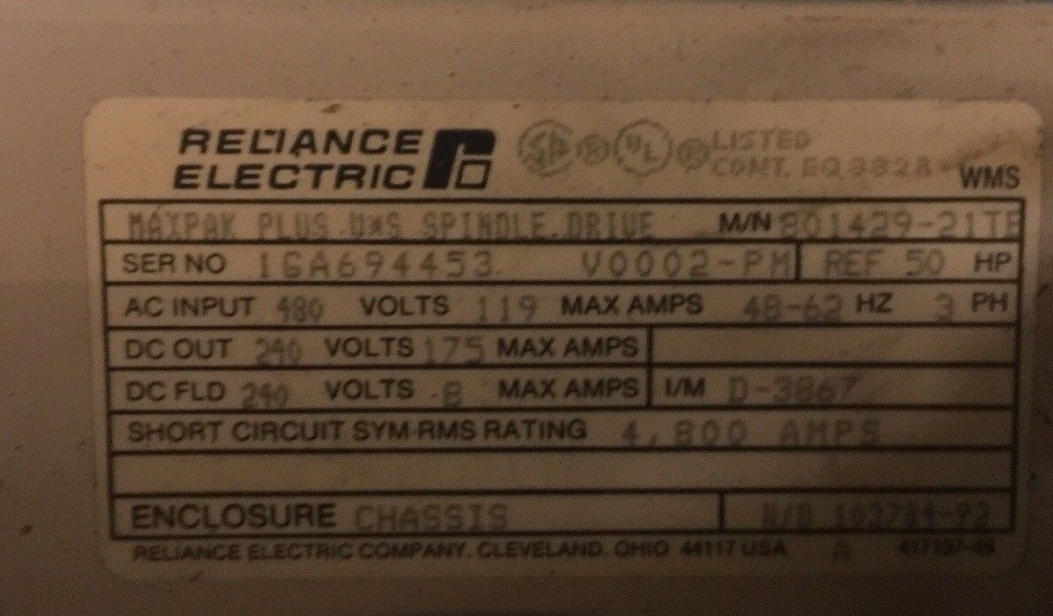 RELIANCE ELECTRIC MX PAK PLUS VS SPINDLE DRIVE 801429-21TE.