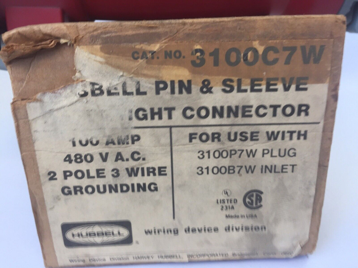 HUBBELL 3100C7W PIN & SLEEVE WATERTIGHT CONNECTOR 100AMP 480VAC 2POLE 3 WIRE