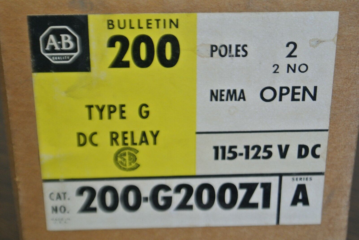 ALLEN-BRADLEY 200-G200Z1 TYPE G DC RELAY / 115-125VDC / 2 N.O. / NEW SURPLUS