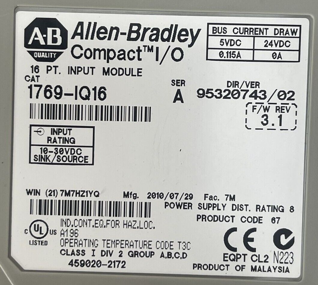 ALLEN BRADLEY 1769-IQ16 COMPACT I/O 16CH INPUT MODULE SER A F/W REV 3.1 DIR/VER