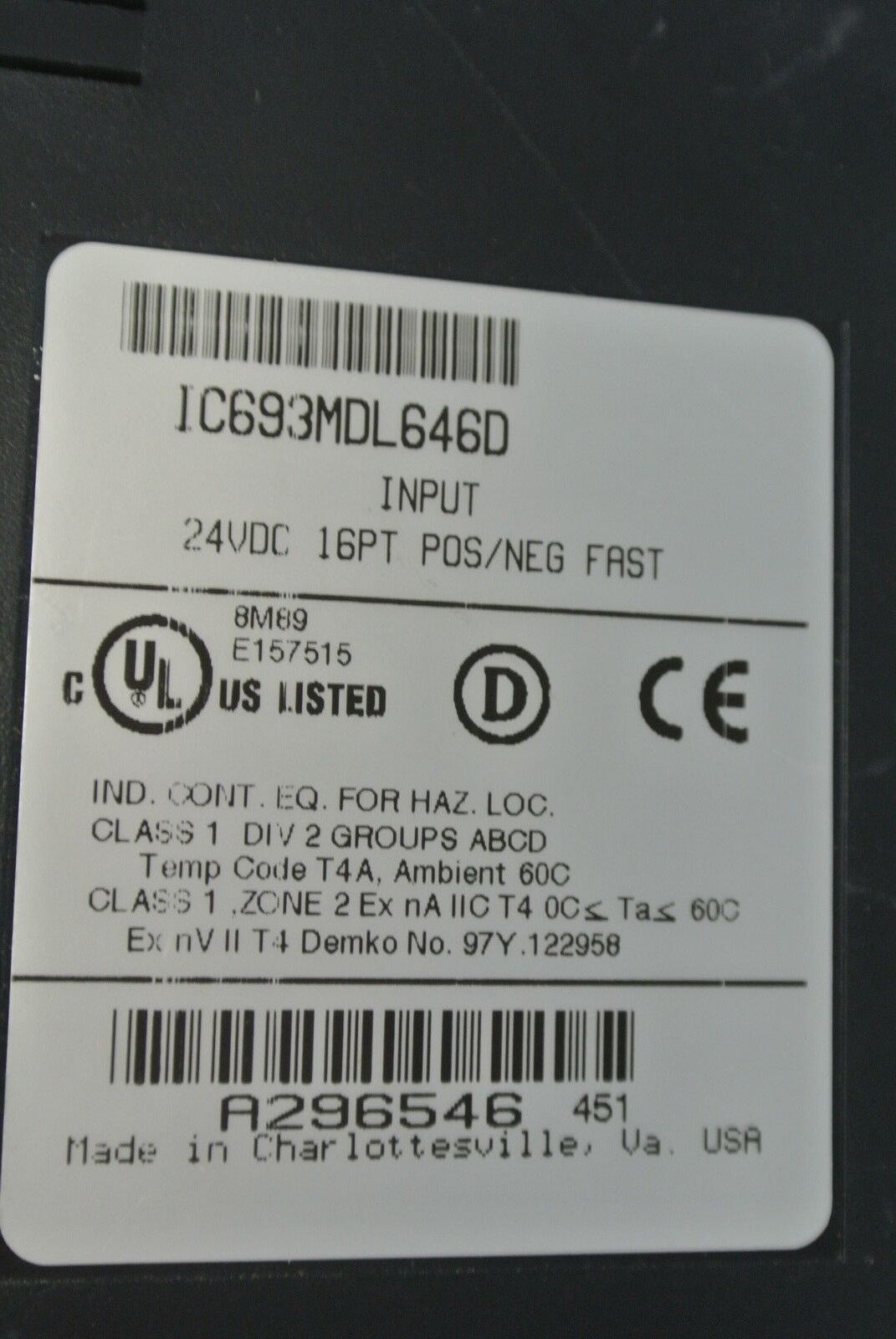 GE FANUC IC693MDL646D INPUT MODULE 24VDC 16PT POS/NEG FAST - LOGIC / NO "DOOR"