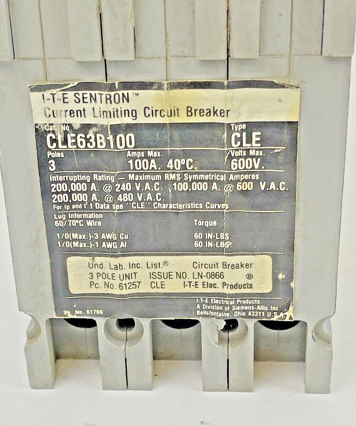ITE - CLE63B100 - CIRCUIT BREAKER - 100 A, 600 VAC, 3 POLE, TYPE CLE