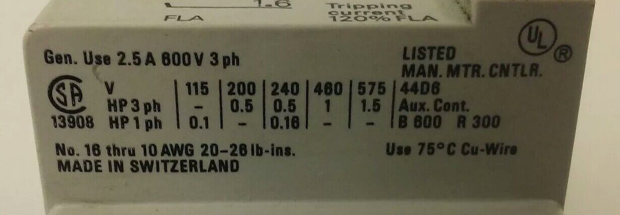 ALLEN BRADLEY 140-MN-0160, MANUEL MOTOR STARTER/ CIRCUIT BREAKER, 3PH, 600V,2.5A