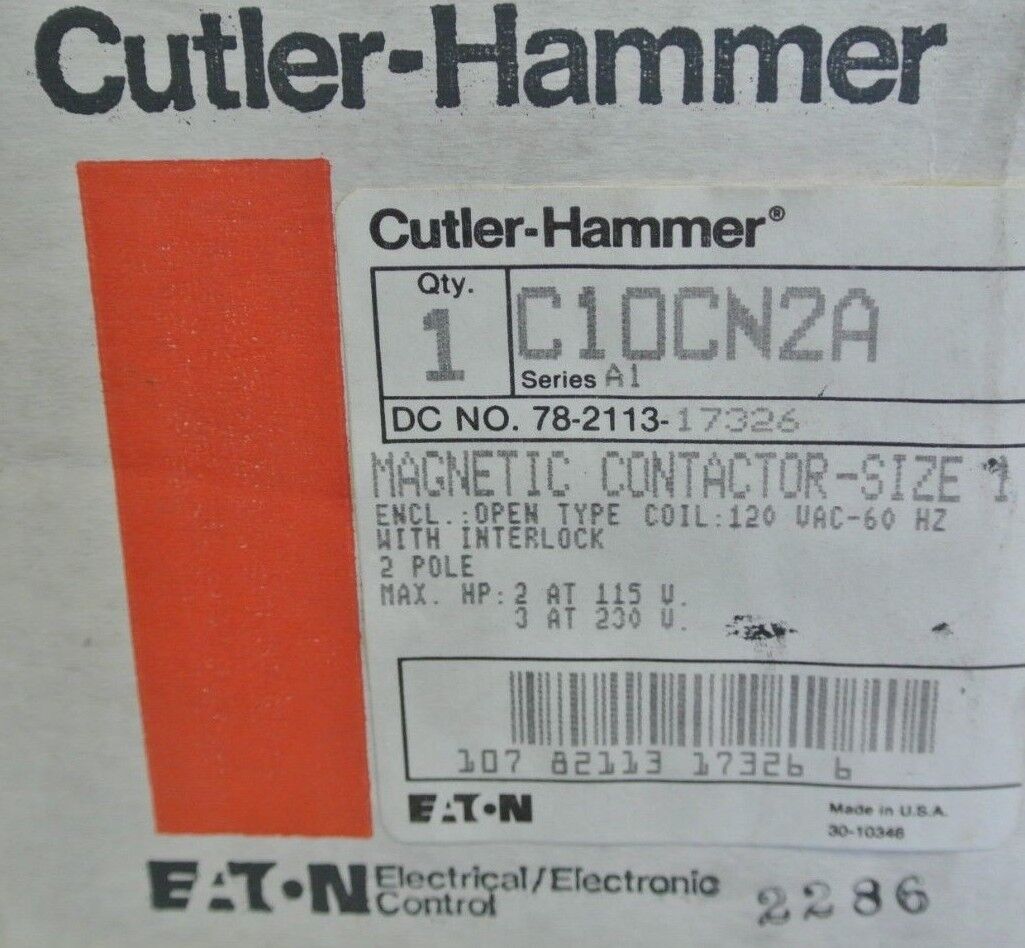 CUTLER-HAMMER C10CN2A MAGNETIC CONTACTOR 120V COIL SIZE 1 - 2P NEW SURPLUS