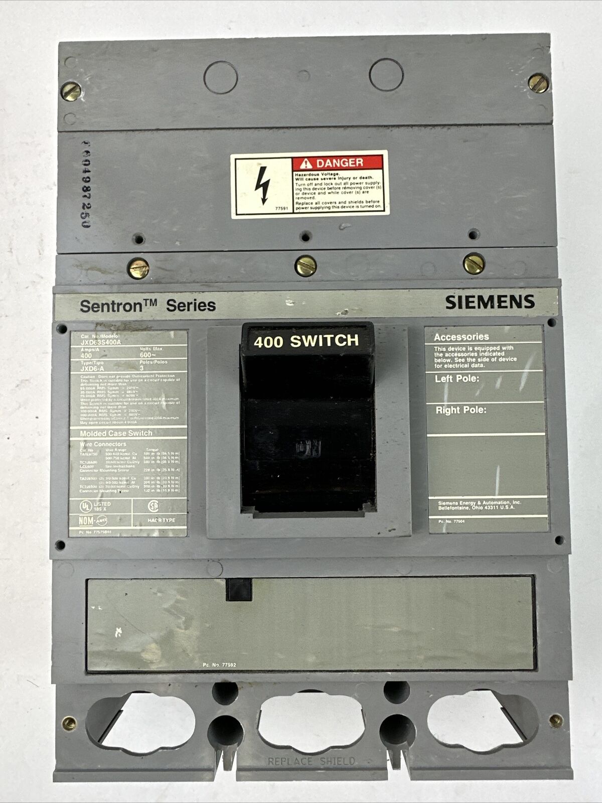 SIEMENS JXD63S400A MOLDED CASE SWITCH 600VAC 400A 3P TYPE JXD6-A SENTRON SERIES