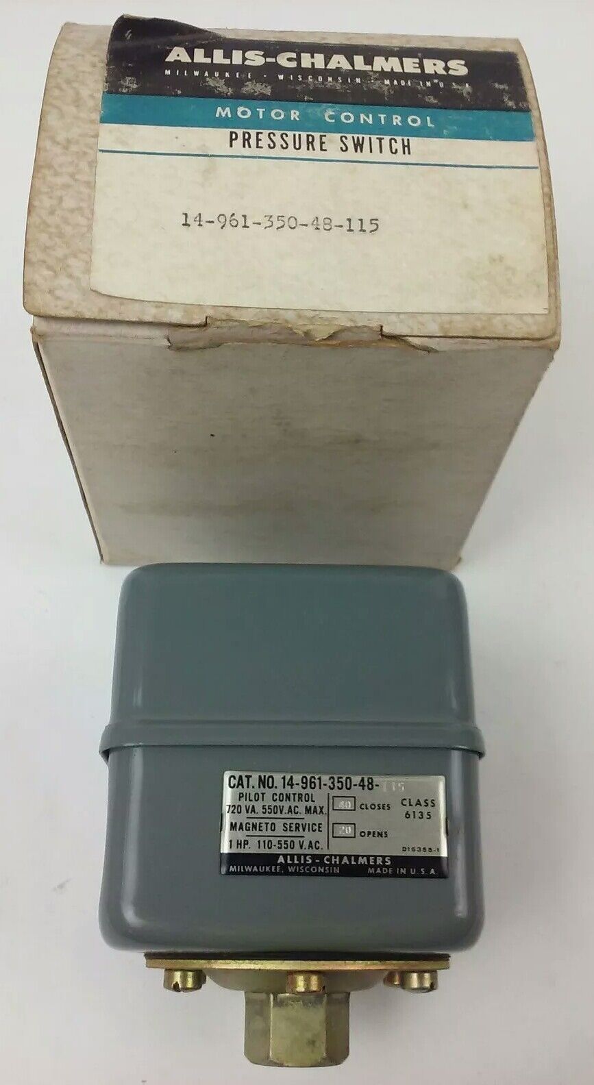 ALLIS CHALMERS CLASS 6135 14-961-350-48-115 PRESSURE SWITCH, 550V,NEW SURPLUS,