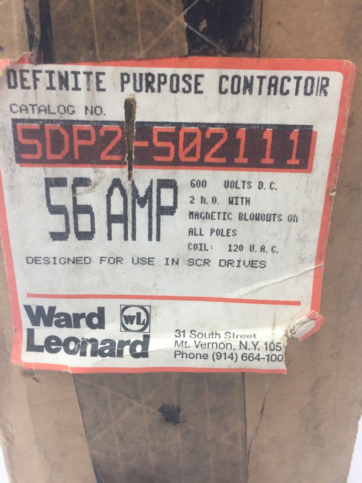 WARD LEONARD 5DP2-5021-11 DEFINITE PURPOSE CONTACTOR 56A 600VDC COIL 120VAC