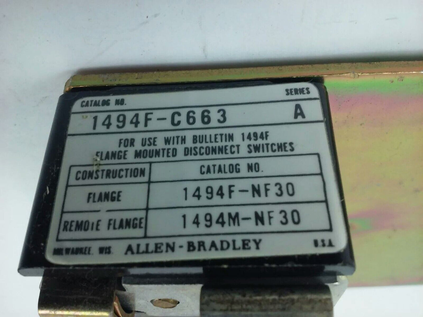 ALLEN BRADLEY 1494F-C663 SER. A,FUSE BLOCK ADAPTER PLATE KIT,60A,600V,W/X-401979
