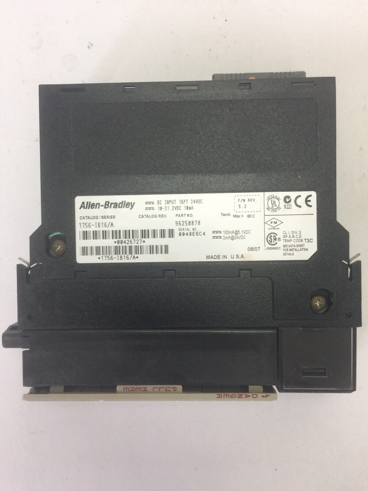 ALLEN BRADLEY 1756-IB16 DC INPUT 16PT 24VDC 10-31.2VDC 10mA SER A F/W REV. 3.2
