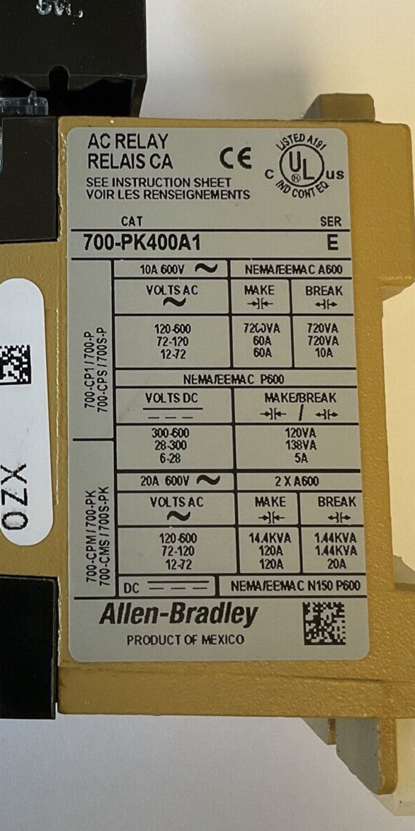 ALLEN BRADLEY 700-PK400A1 AC RELAY SER.E 600VAC 10A TYPE PK