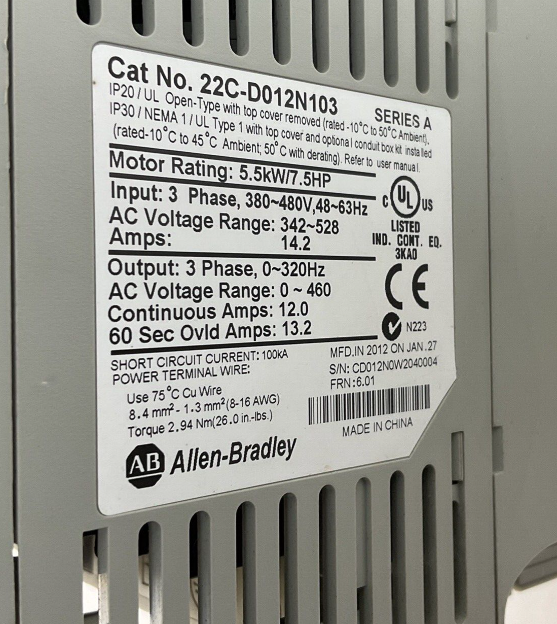 ALLEN BRADLEY 22C-D012N103 INVERTER 7.5HP FRN6.01 SER.A 5.5KW 14.2A 480V