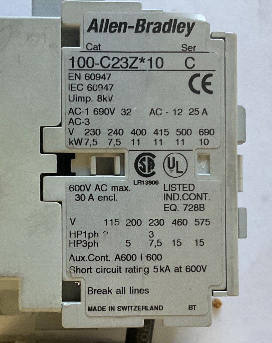 ALLEN BRADLEY 100-C-23Z*10 CONTACTOR W/ 193-ES2CB OVERLOAD SER.C 600VAC 30A