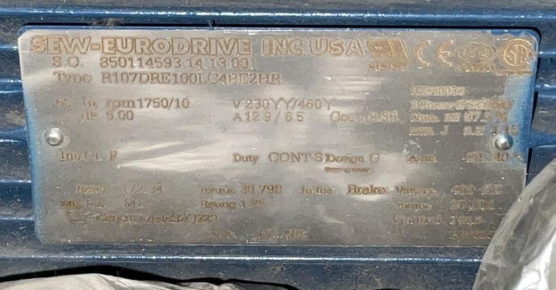 SEW-EURODRIVE R107DRE100LC4BE2HR GEAR MOTOR 5HP 230YY/460Y 12.9/6.5A 1750 IN RPM