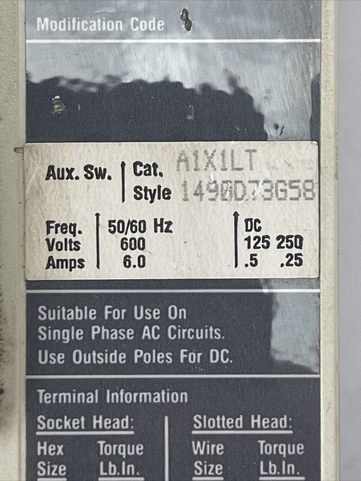 WESTINGHOUSE HMCP030I:1CA04 30AMP 3POLE 600VAC 250VDC AUX. SW. A1X1LT 1490D73G58