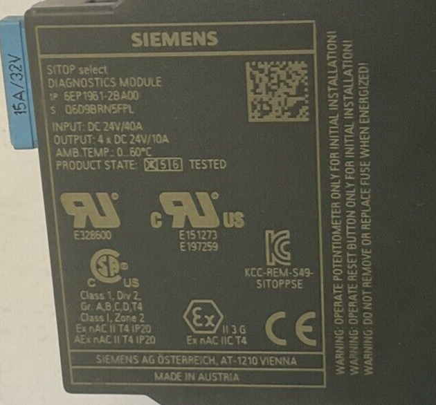 SIEMENS 6EP1 961-2BA00 DIAGNOSTICS MODULE 24VDC 40A ***LOTOF3***