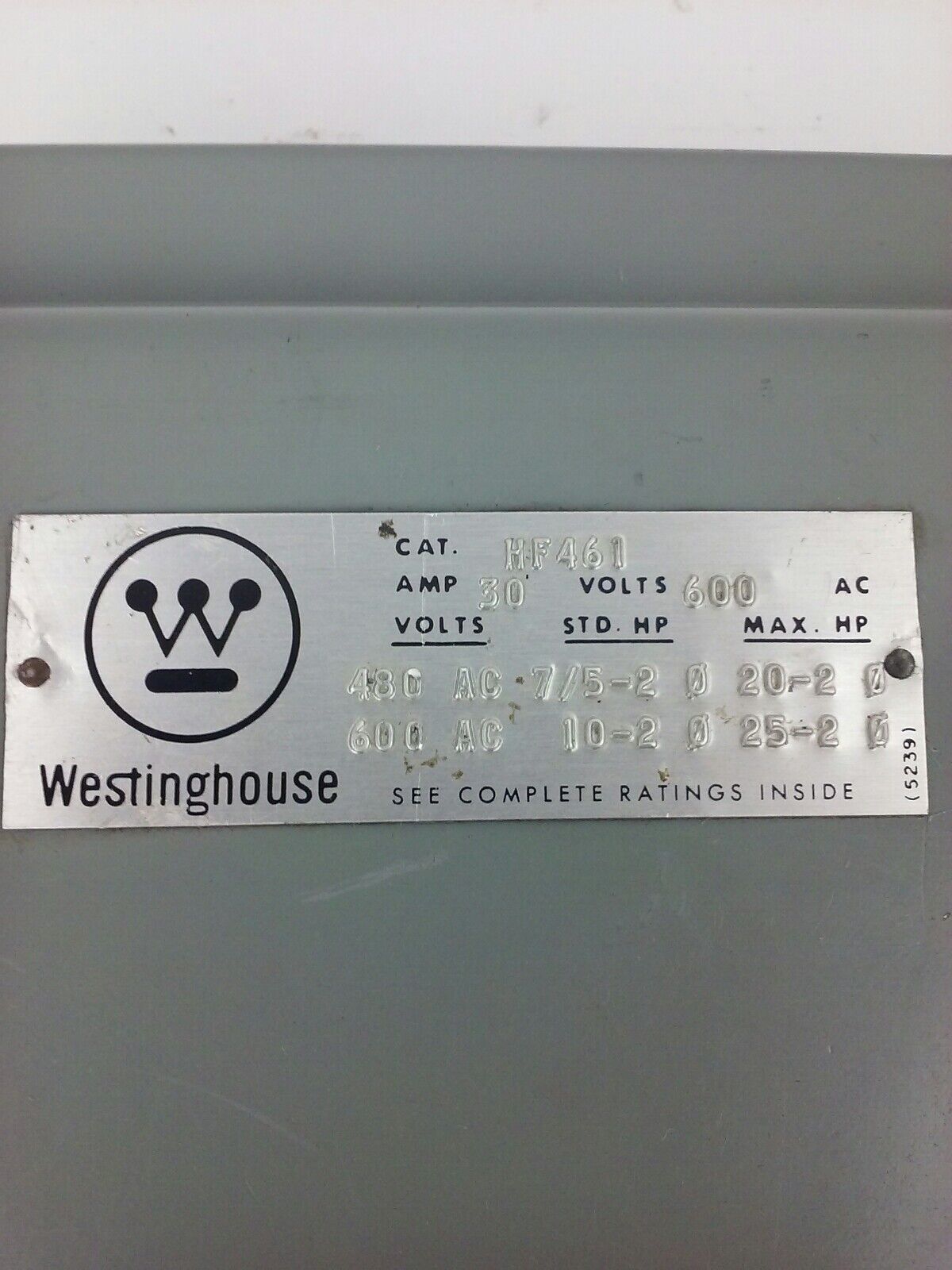 WESTINGHOUSE HF461 SAFETY SWITCH, 30A, 600V, 4P FUSIBLE, 25 H.P., NEW