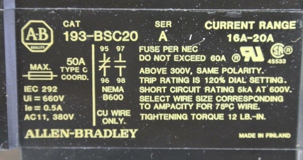 ALLEN-BRADLEY 193-BSC20 BIMETALLIC OVERLOAD RELAY 16A-20A - NEW SURPLUS