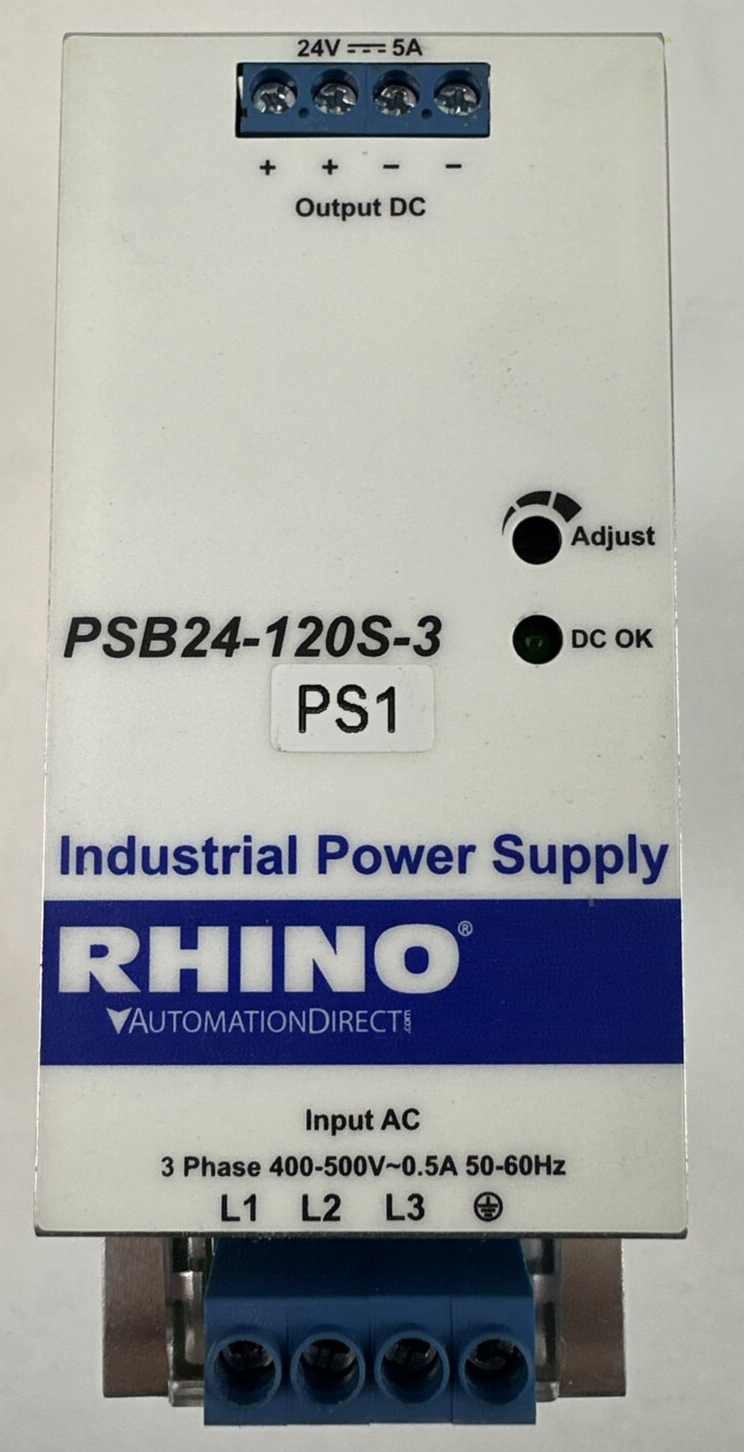 RHINO PSB24-120S-3 INDUSTRIAL POWER SUPPLY OUTPUT 24VDC 5A INPUT 400-500VAC 0.5A