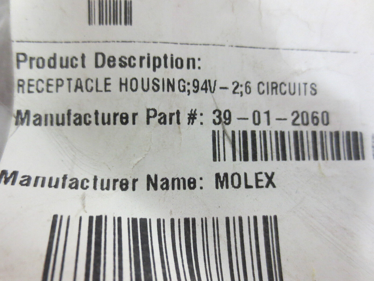 MOLEX 39-01-2060 Mini-Fit Jr.È Recept. Hsing, Dual Row, 6 Circuits, UL 94V 11 pc