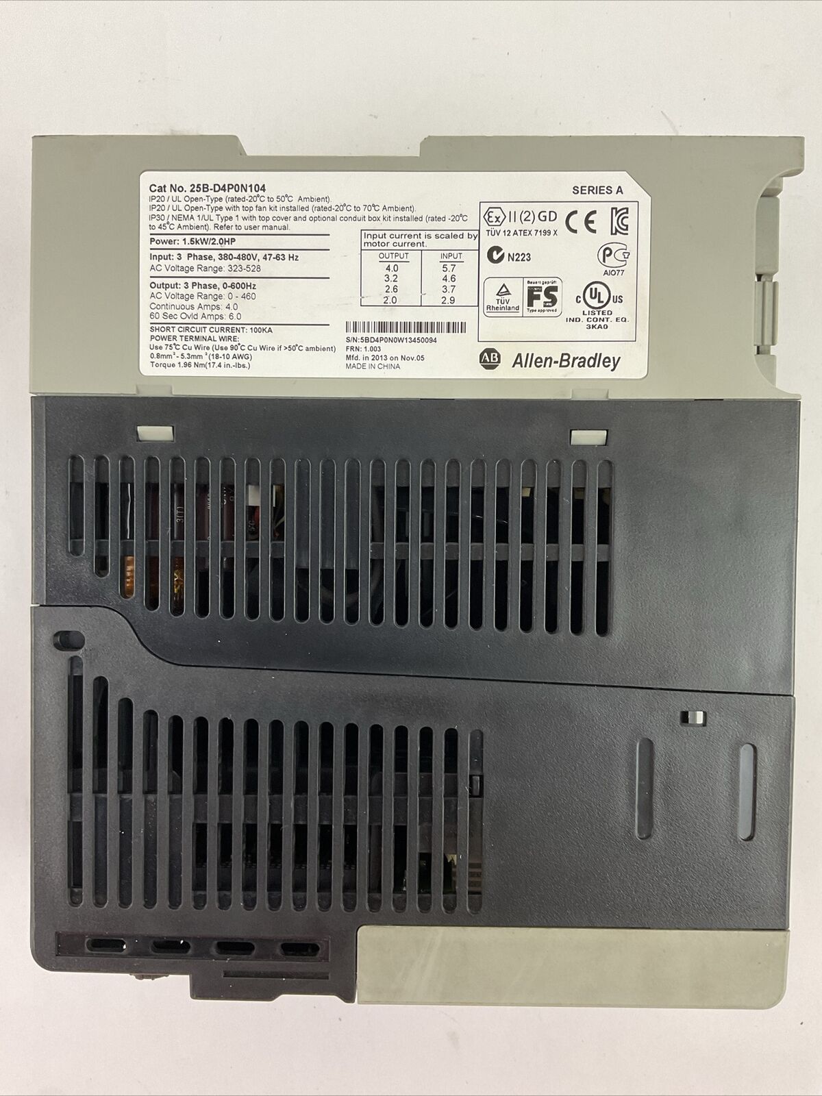 ALLEN BRADLEY 25B-D4P0N104 AC DRIVE FRN 1.003 SER A OUTPUT 0-460VAC