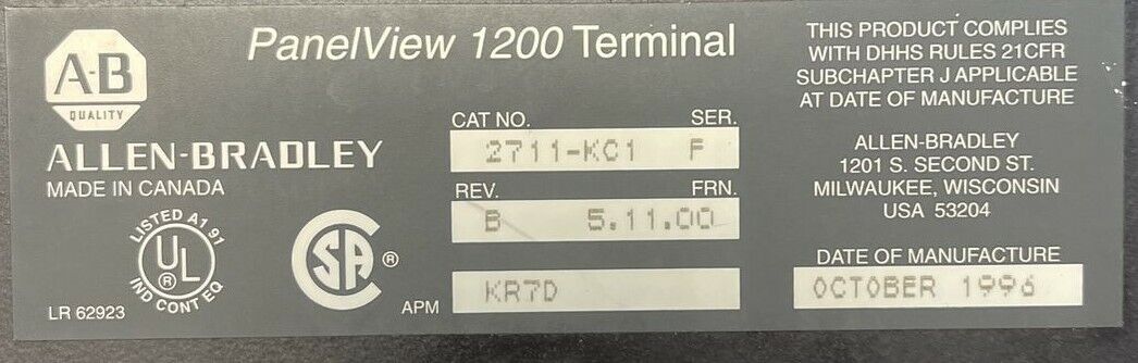 ALLEN BRADLEY 2711-KC1 PANEVIEW 1200 TERMINAL SER F REV B FRN 5.11.00