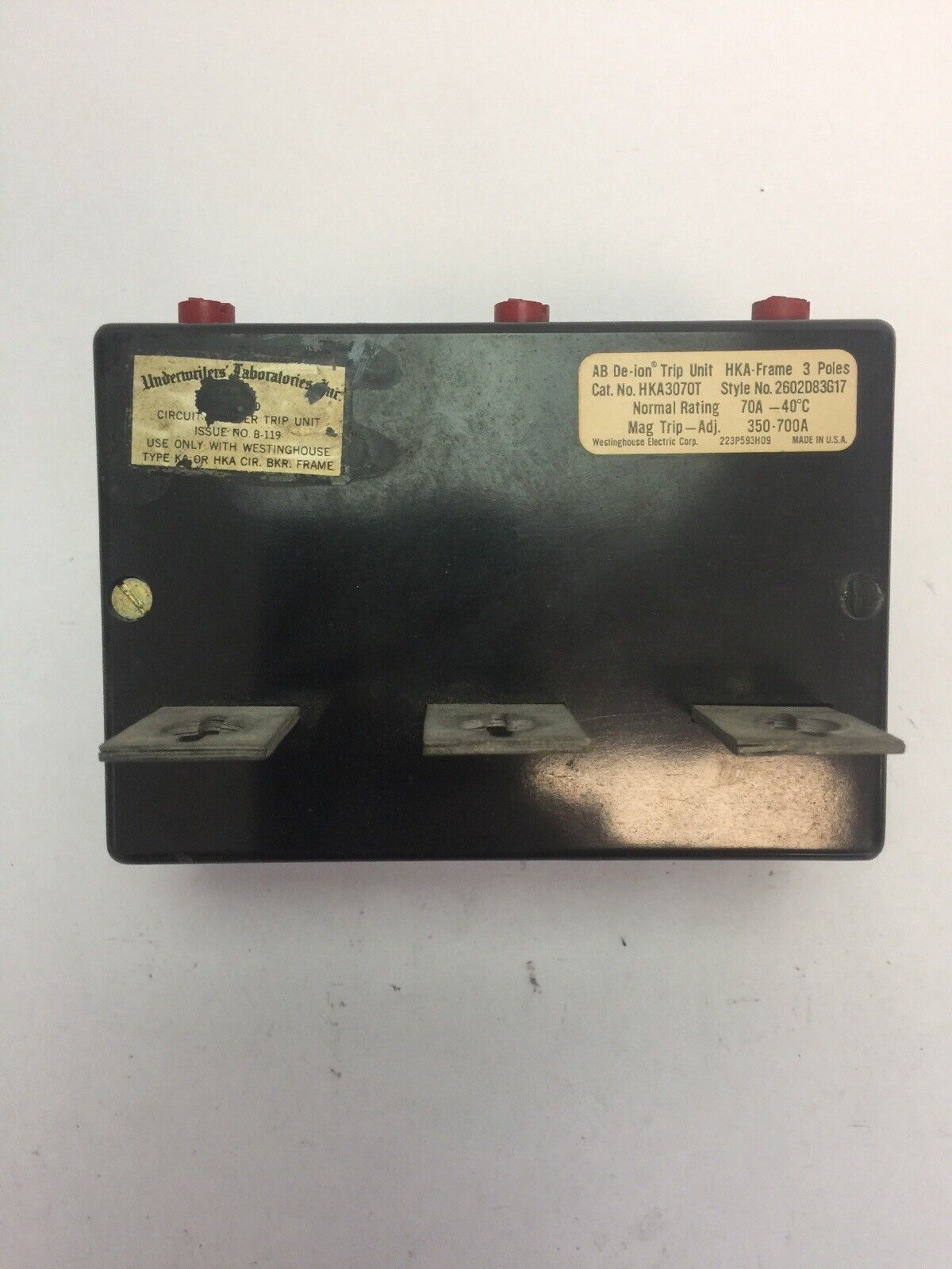 WESTINGHOUSE HKA3070T 70A TRIP UNIT 3POLE MAG TRIP-ADJ 350-700A