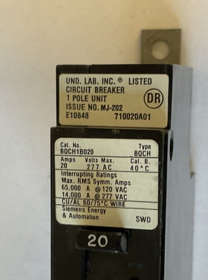 SIEMENS BQCH1B020 CIRCUIT BREAKER 20AMP 277VAC TYPE BQCH 1POLE ****LOTOF10****