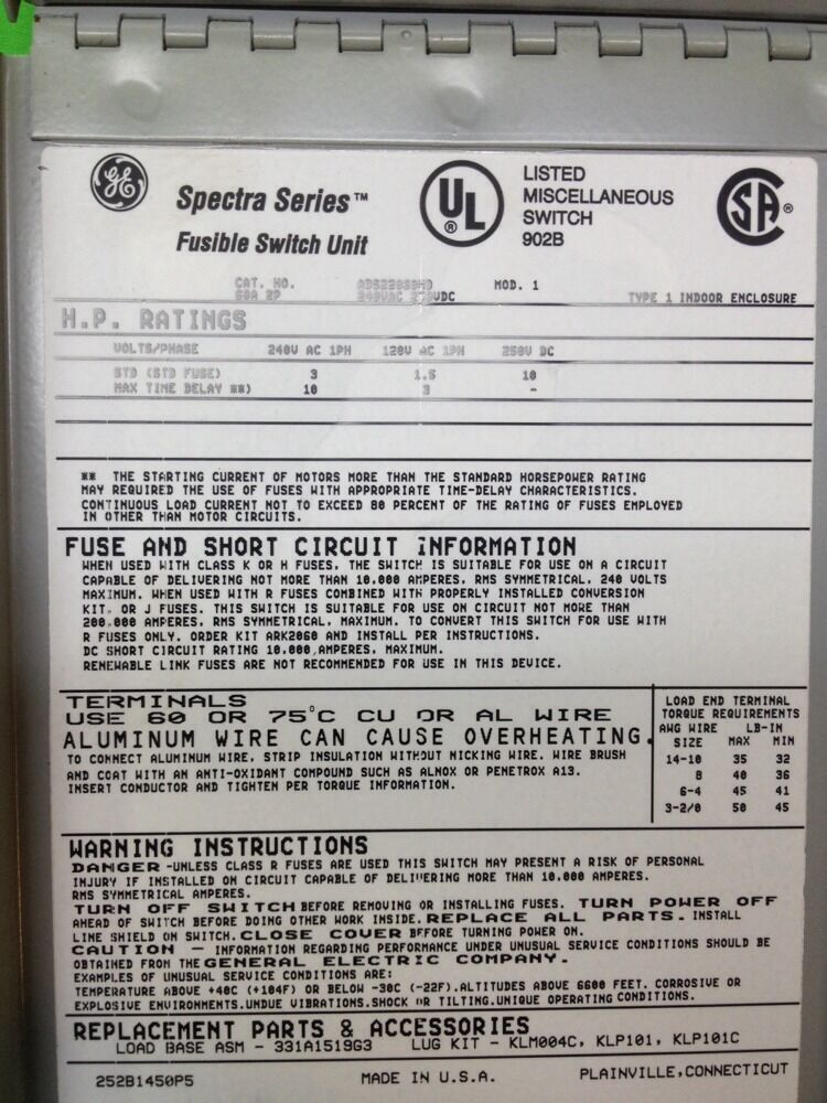 GE SPECTRA SERIES ADS22060HD 60A 240V 2PH FUSIBLE PANLEBOARD SWITCH