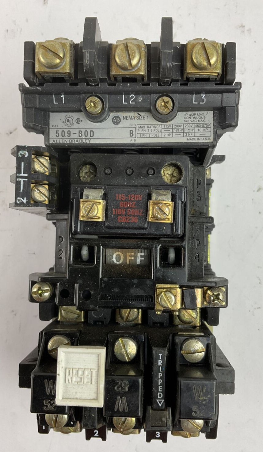 ALLEN BRADLEY 509-BOD SER B 600VAC 27A 10HP COIL 115-120V W52 HEATERS 509-B0D