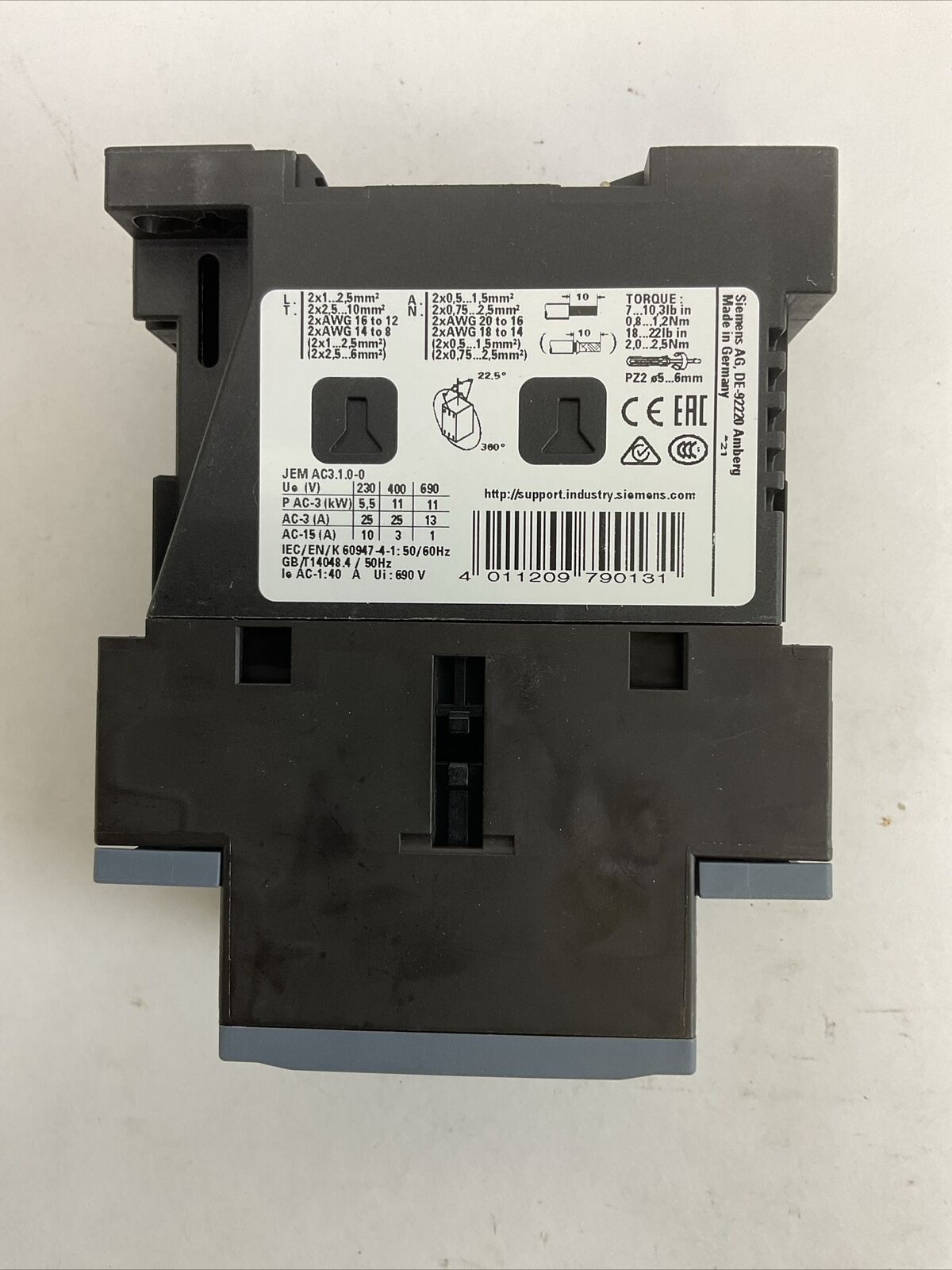 SIEMENS 3RT2026-1BB40 CONTACTOR AC-3 25A 400V 11kW 1NO 1NC COIL 24VDC