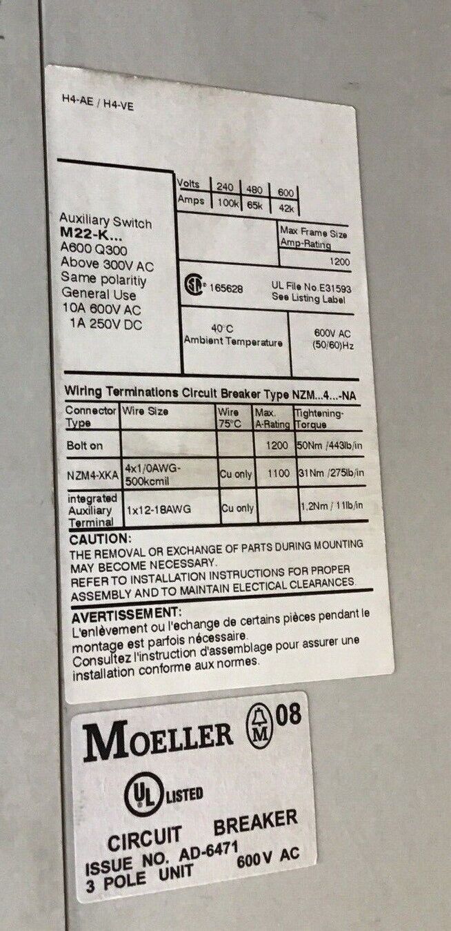 MOELLER NZM4 H4-AE / H4-VE CIRCUIT BREAKER 1200A W/ AE 800-NA 800A TRIP