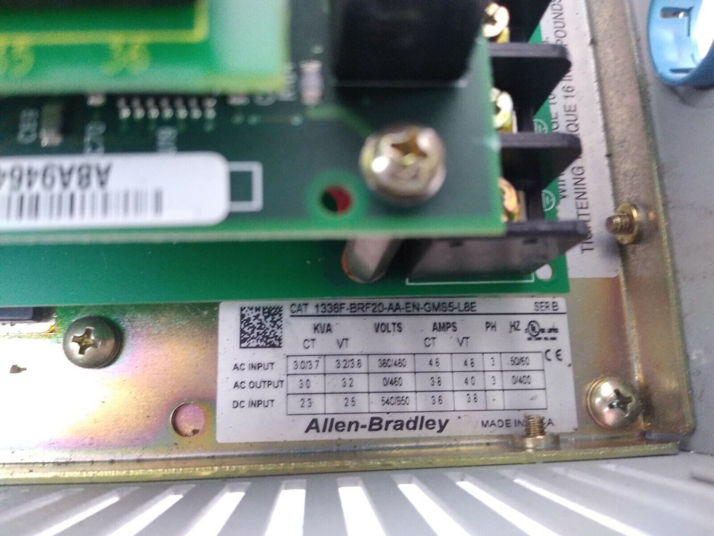 ALLEN BRADLEY 1336F-BRF20-AA-EN-GMS5-L8E AC DRIVE 480V 3PH W/ 1336-GMS5 SER. A