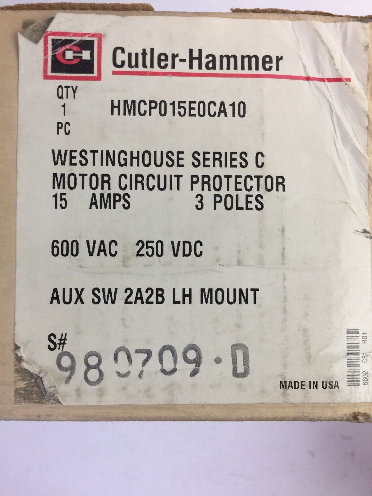 CUTLER HAMMER HMCP015E0CA10 MOTOR CIRCUIT PROTECTOR 15A 3P 600VAC 250VDC A2X1LB
