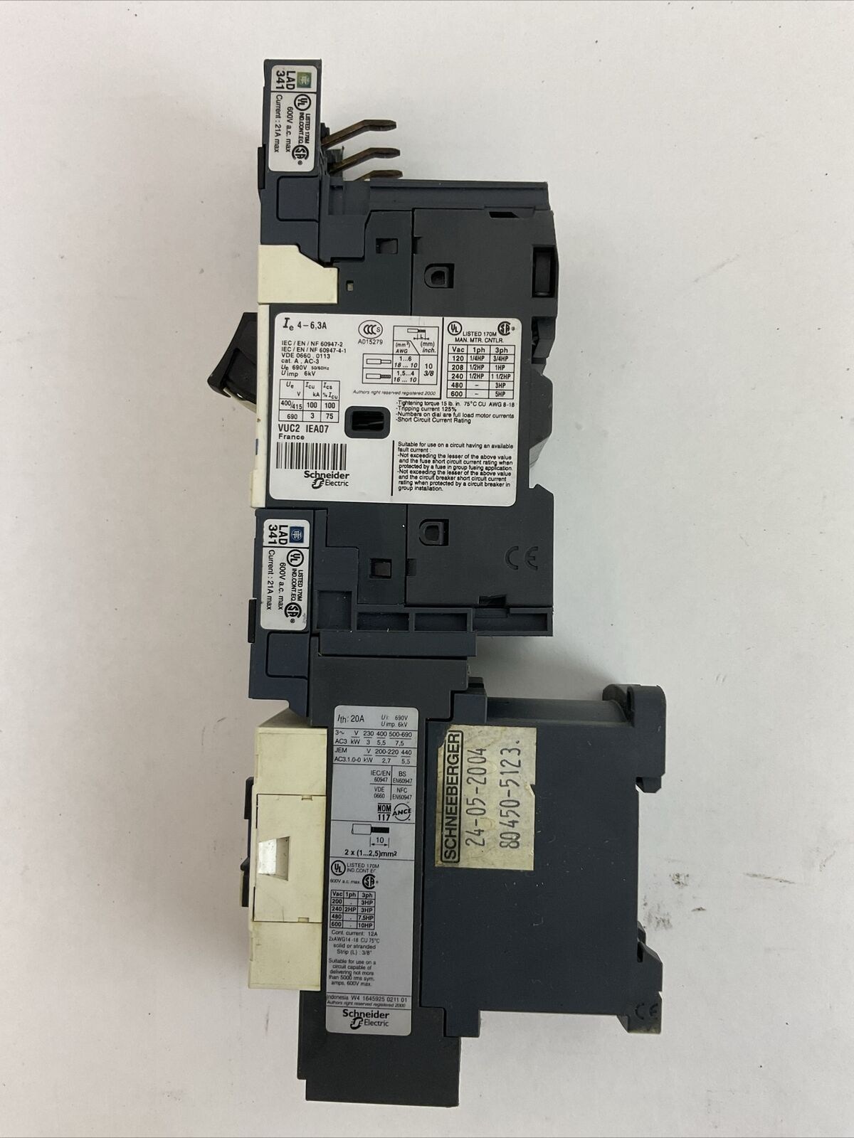 SCHNEIDER GV2ME103/4-6.3A CIRCUIT BREAKER LC1D123BL CONTACTOR COIL 24VDC LAD341