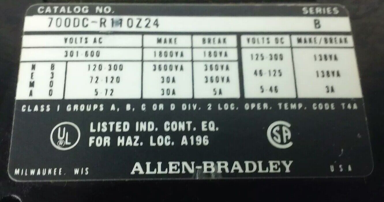 ALLEN BRADLEY, 700DC-R110Z24 SER.B, 600V, 30A, 24V DC COIL, MISSING PARTS