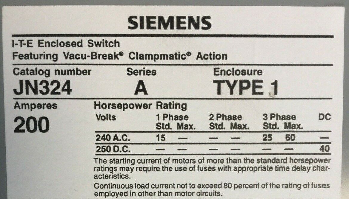 SIEMENS ITE JN324 VACU-BREAK SWITCH WITH CLAMPMATIC CONTACTS SER S 200A 240VAC