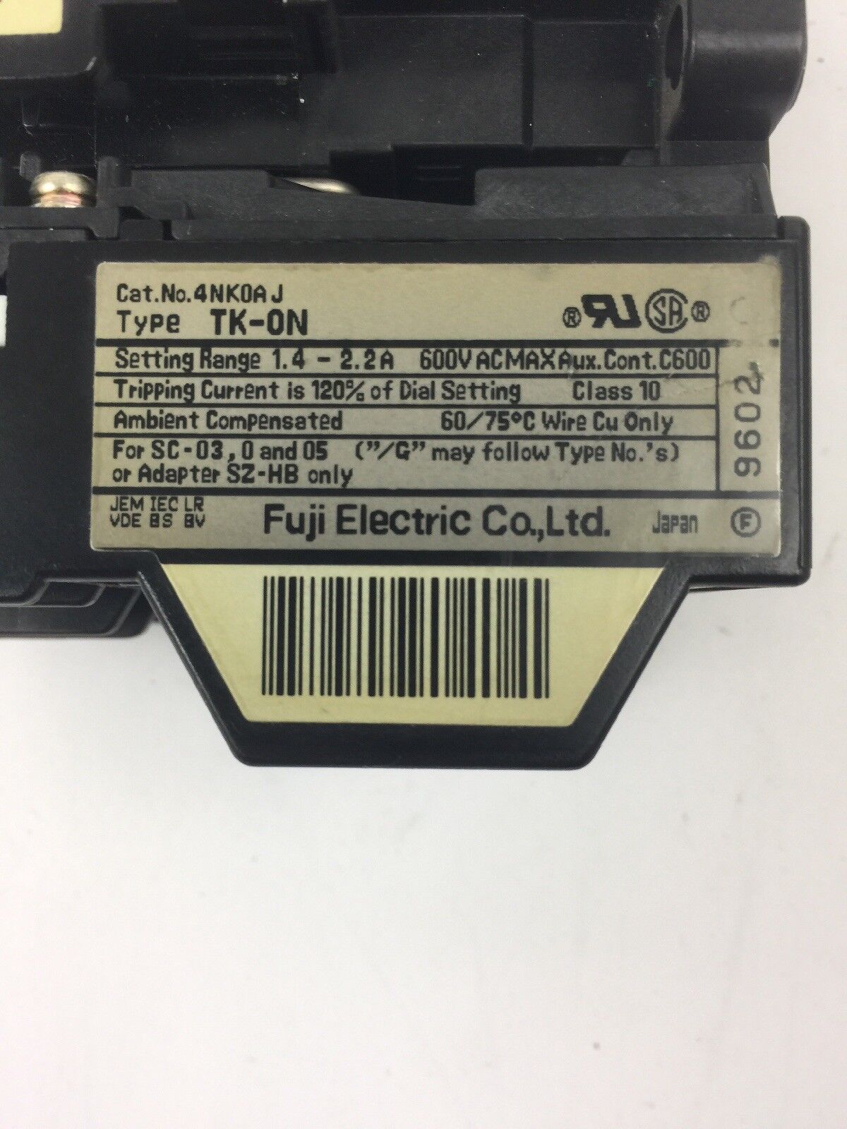 FUJI ELECTRIC 4NC0F0#10 TYPE SC-0 CONTACTOR 4NK0AJ TYPE TK-0N OVERLOAD RELAY