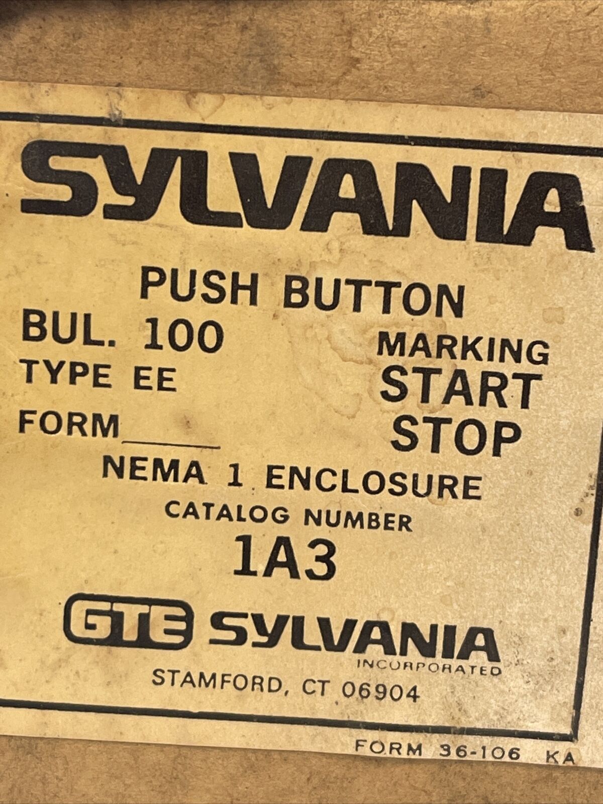 SYLVANIA 1A3 START STOP PUSH BUTTON STATION NEMA 1 ENCLOSURE BUL. 100 TYPE "EE"