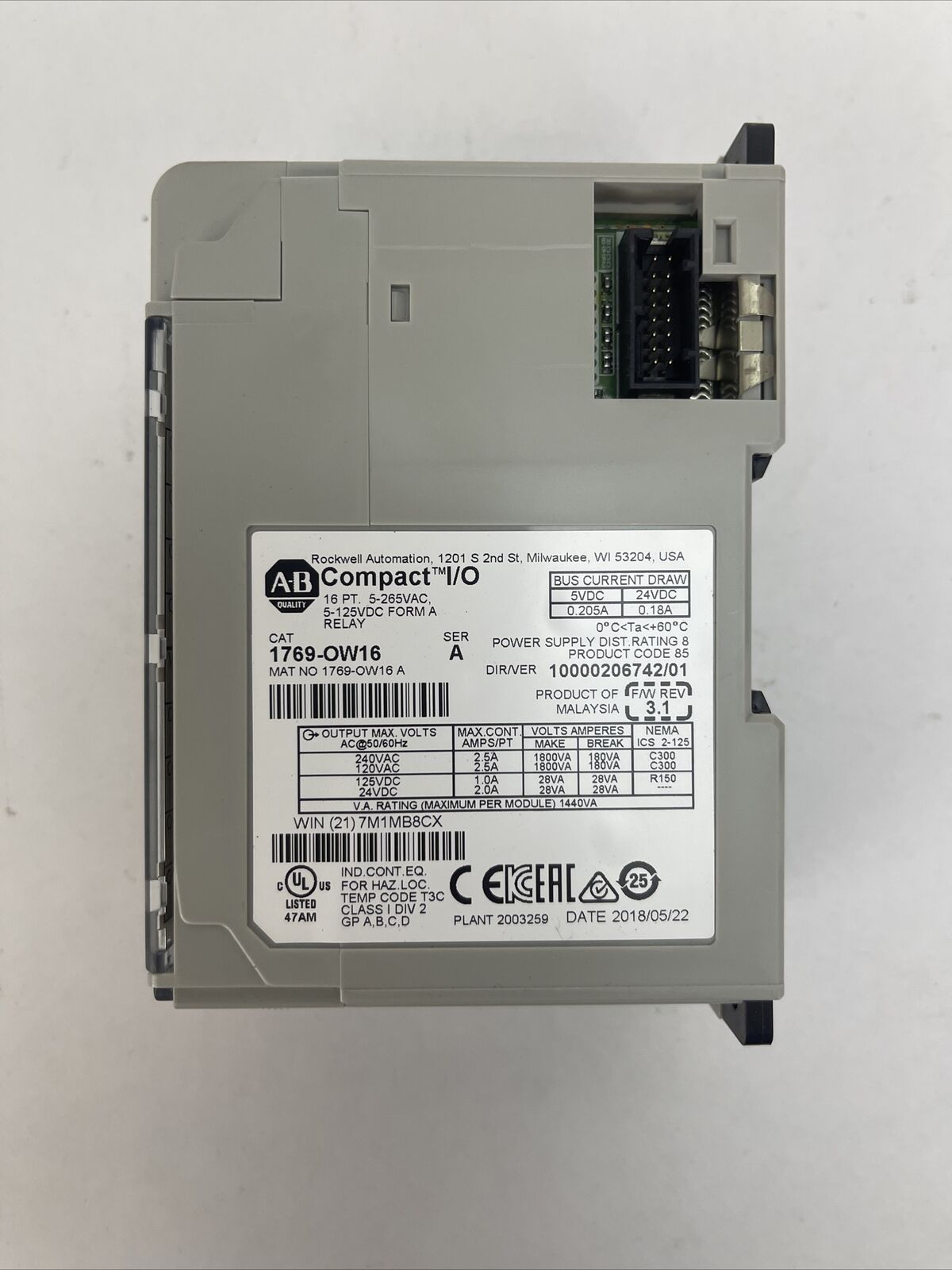 ALLEN BRADLEY 1769-OW16 COMPACT I/O F/W REV 3.1 DIR/VER 10000206742/01 SER A