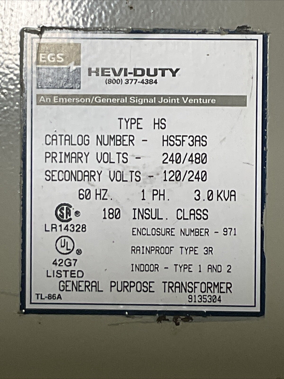 EGS HS5F3AS PRI VOLTS 240/480 SEC VOLTS 120/240 1PH 3.0KVA TRANSFORMER