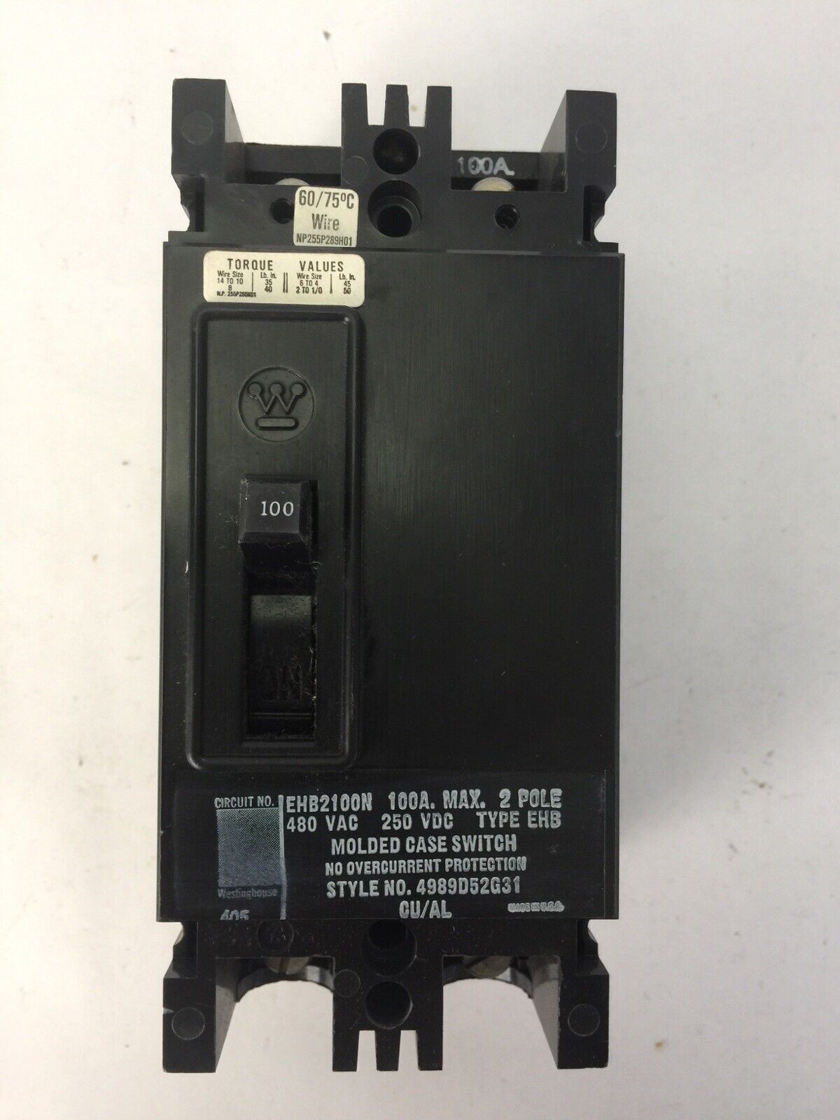 WESTINGHOUSE EHB2100N NON AUTO CIRCUIT BREAKER 100AMP 2POLE 480VAC 250VDC