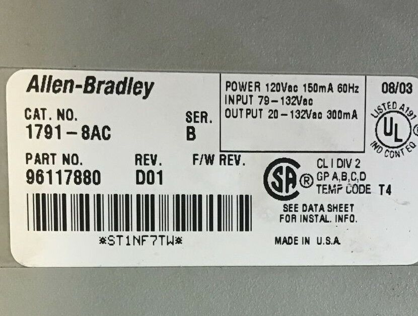 ALLEN BRADLEY 1791-8AC I/O BLOCK MODULE SER.B REV.D01 132VAC 60HZ