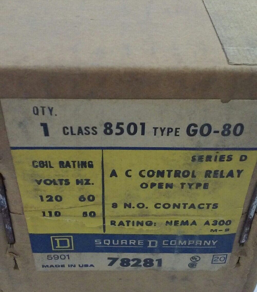 Square D 8501 G0-80 Series D A/C Control Relay Open Type 8 N.O. Contacts