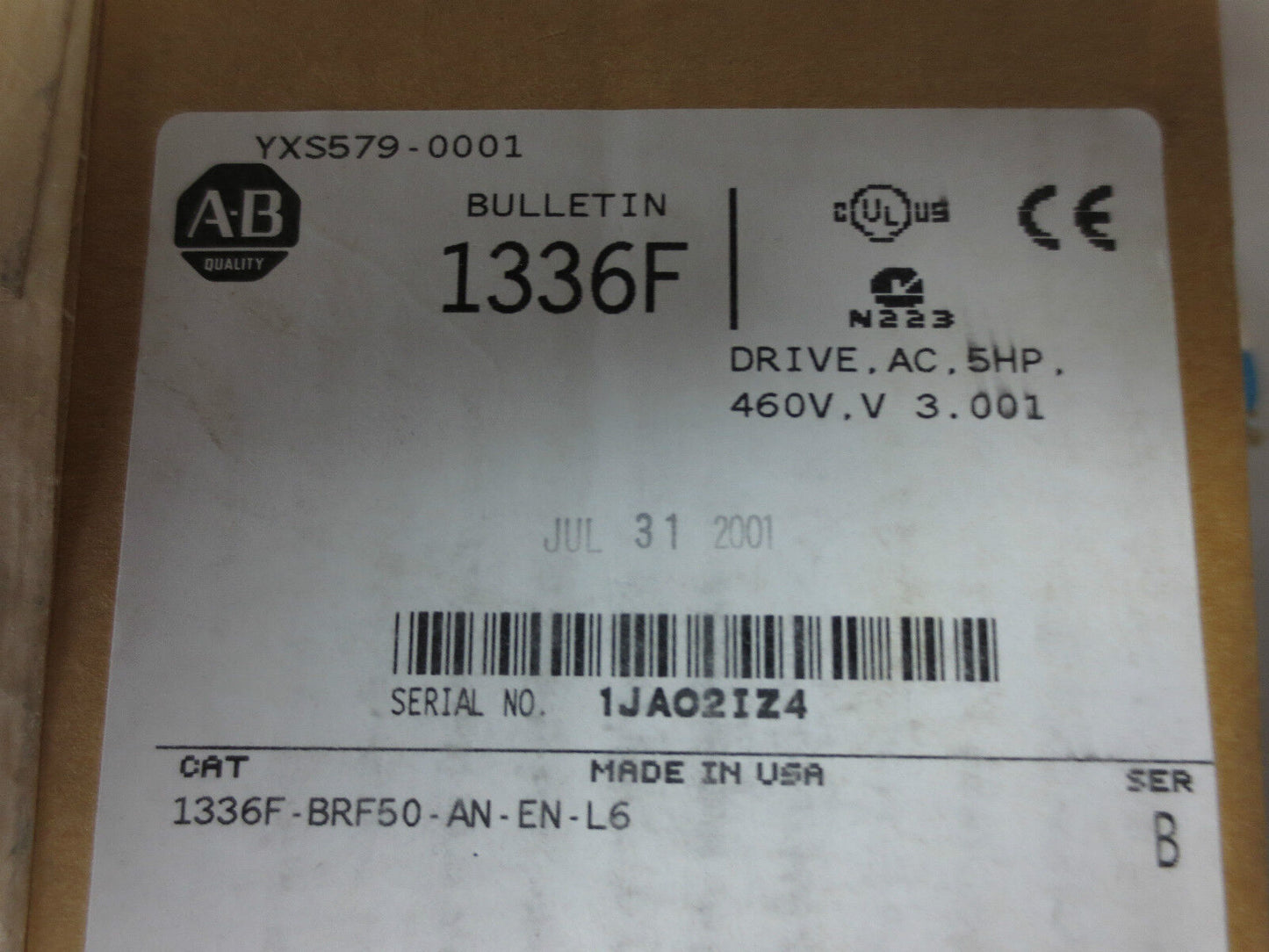 ALLEN-BRADLEY 1336F-BRF50-AN-EN-L6, Ser. B AC DRIVE, 5HP, 460V LESS MOTHERBOARD