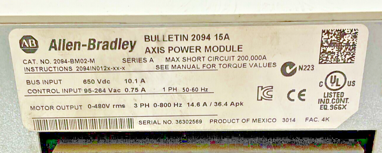 ALLEN BRADLEY 2094-EN02D-M01-S0 CONTROL MOD. / 2094-BM02-M POWER MODULE VER2.015