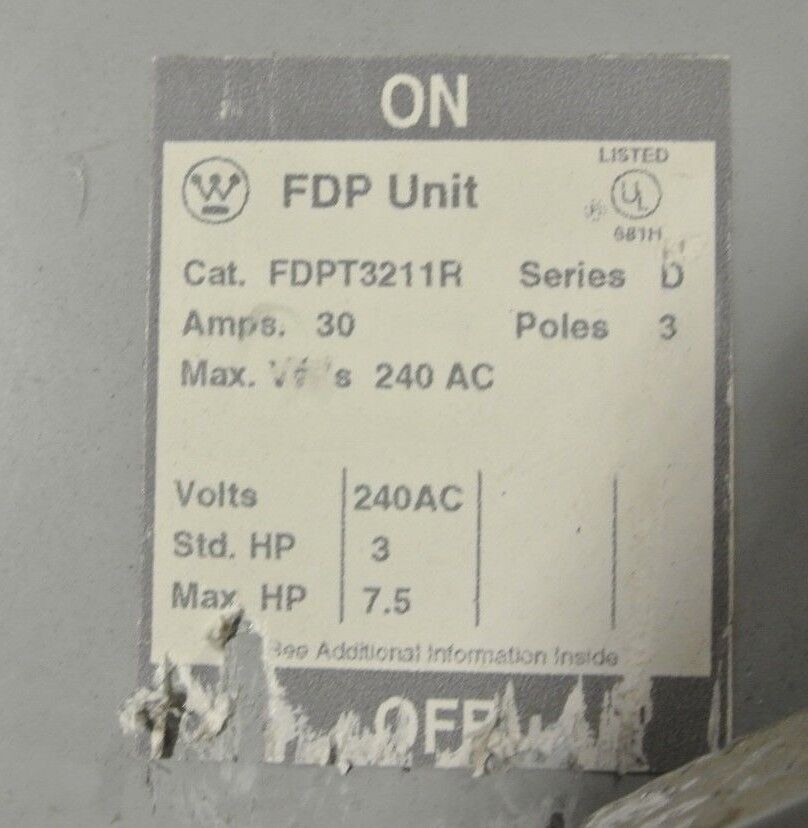 WESTINGHOUSE FDPT3211R - TWIN PANELBOARD SWITCH - 240V, 30A, 3-POLE / EACH