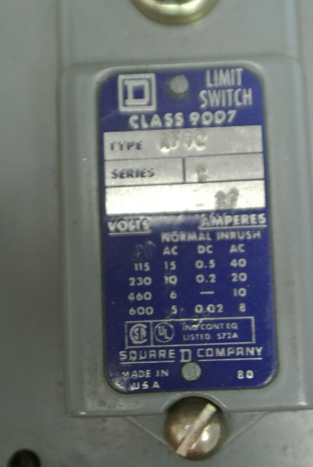 SQUARE D 9007 AF-12 Ser. C LIMIT SWITCH 600VAC/DC / 1 N.O. / 1 N.C. NEW SURPLUS