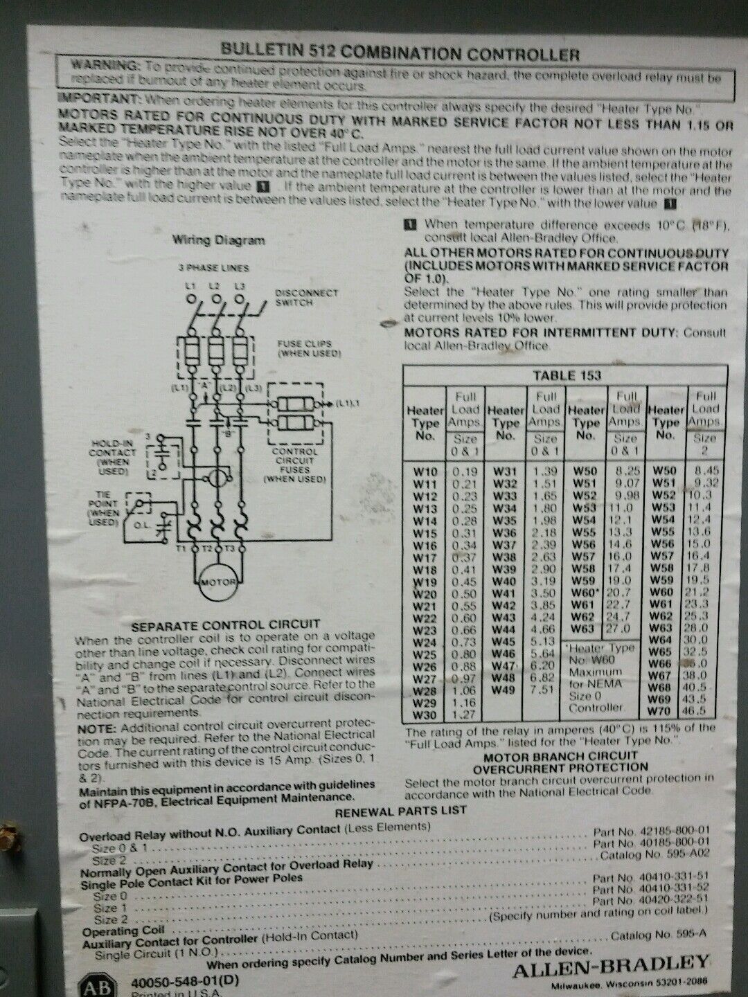 ALLEN BRADLEY BULLETIN 512 SIZE 0 COMBINATION STARTER