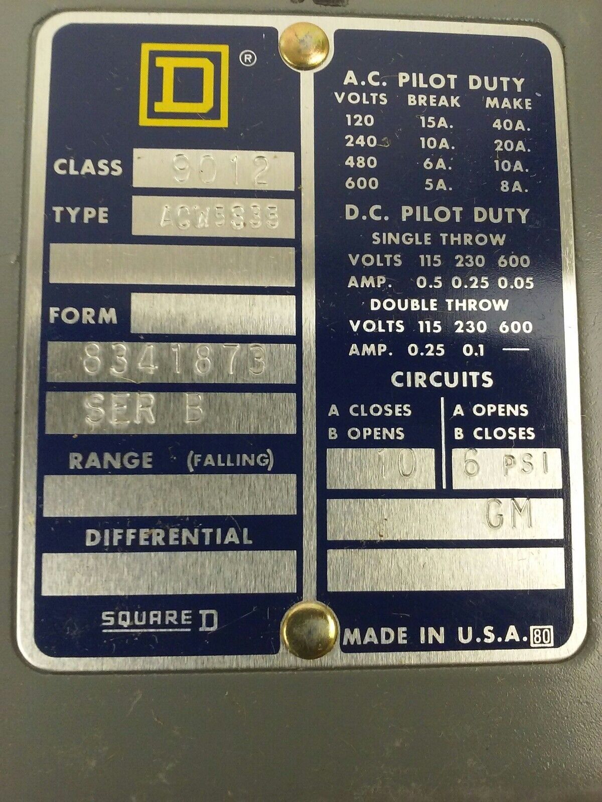 SQUARE D 9012 ACW5-S35 SERIES B, PRESSURE SWITCH, SET 6-10 PSI, 9012 ACW, 600V