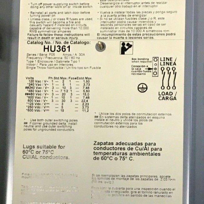 SQUARE D HU361 SAFETY SWITCH SER.F05 30A TYPE1 ENCLOSURE NON FUSIBLE 600VAC/VDC